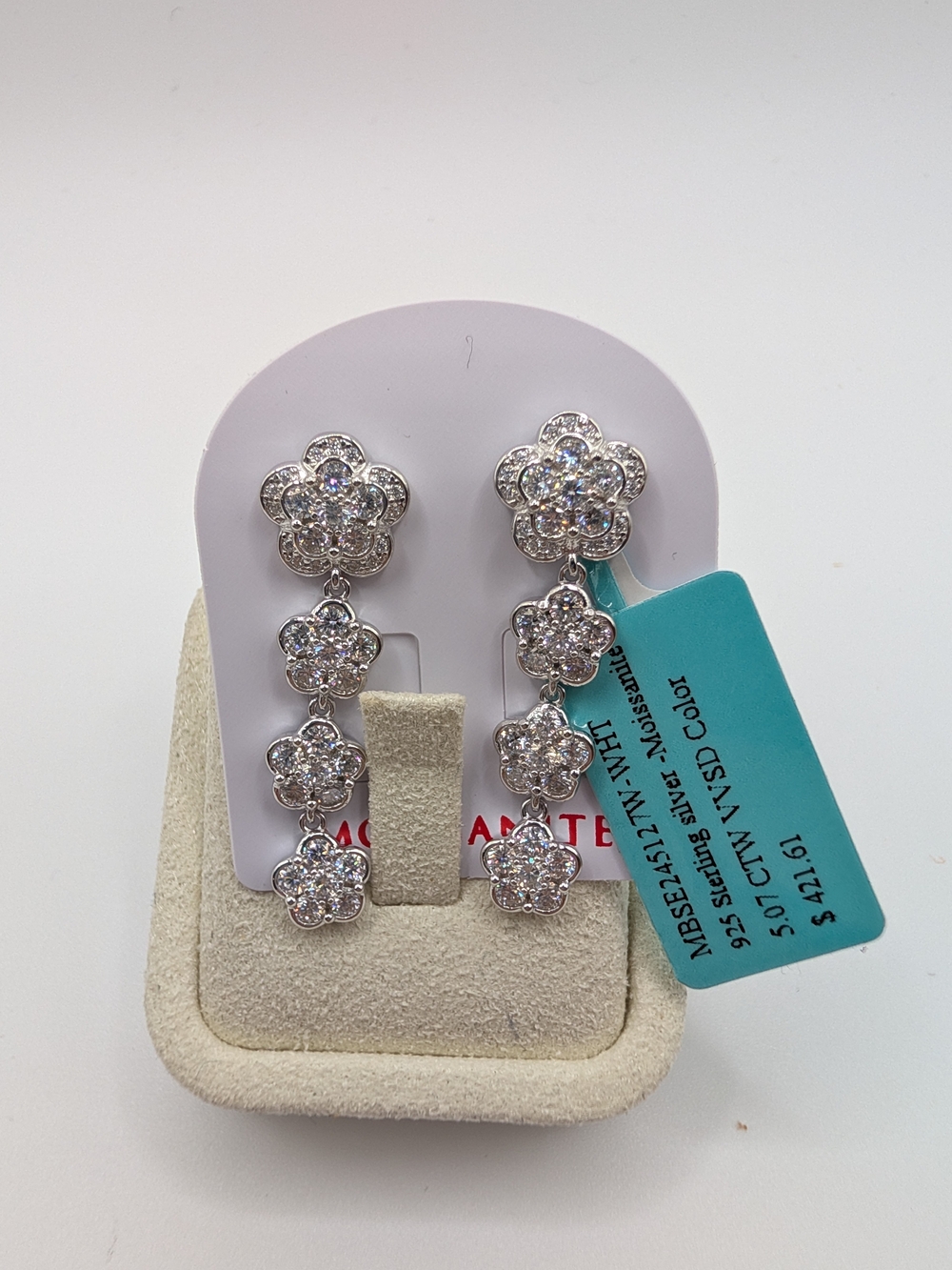 Sterling Silver Crystal Floral Drop Earrings - Silver